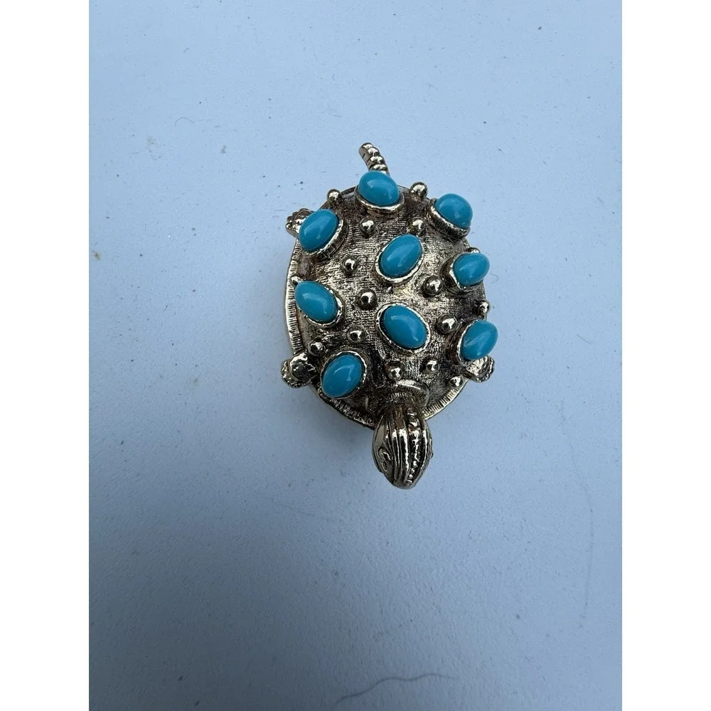 VTG Turtle Pill Box/trinket Box Silver Tone With Faux Turquoise Opens On Hinge‎